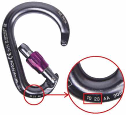 Recalled Nimbus Lock Carabiner with location of batch number